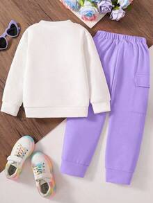 Tween Mädchen Outfit im Teenager-Alter mit Cartoon-Charakter Muster Sweatshirt mit Rundhalsausschnitt und Cargohose, Lässig - Weiss - Übersicht 2