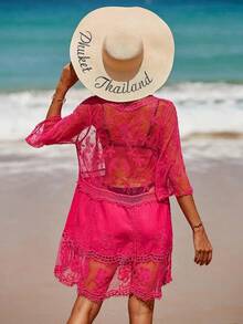 Women's Contrast Lace Loose Swimsuit Cover Up Beach Dress - Swimwear 2025 IBGX - Cỏ xanh - Xem 9
