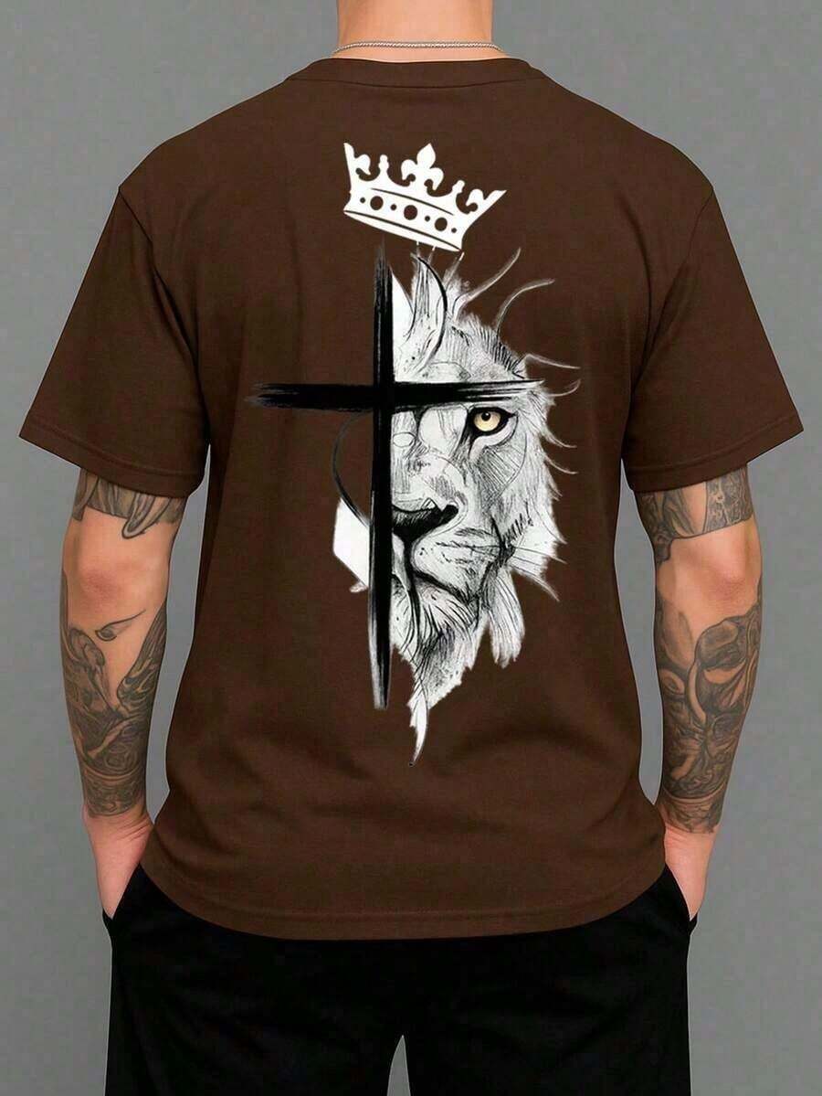 Unisex Crew Neck T-Shirt With Lion And Cross Religion Design, 100% Cotton, 30.1 Yarn, Comfortable Shirt, Religious Print, Stylish Shirt, Various Colors - Rỉ Nâu - Xem 1