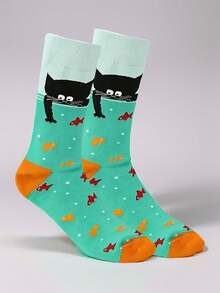 1双男士休闲袜，创意黑猫鱼图案，新奇有趣，中筒袜，透气舒适，完美礼物 - 彩色 - 查看 2