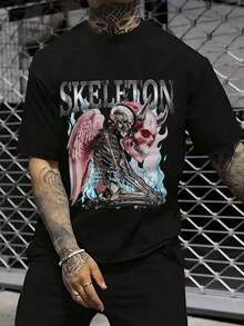 1 Piece Men Cotton Solid Color English Letter Skeleton With Wings And Skull Printed Short Sleeved Round Neck T Shirt Suitable For Daily Wear Going Out Leisure Sports School Travel Family Gatherings And Other Occasions Short Sleeved T Shirt Summer T Shirt Multiple T Shirts Can Be Given As Gifts To Family Members 2000s Y2k Style - Negro - Ver 2