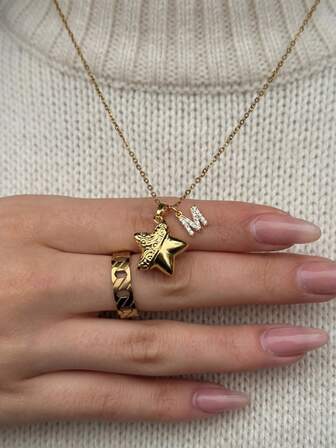 1 pieza Collar con colgante de letra del alfabeto A-Z en forma de pentágono y corazón, de acero inoxidable color oro, de moda y abierto, regalo ideal para novia, novio, mamá, familia, amigos, hija, adecuado para aniversario, San Valentín, cumpleaños, uso diario, boda, fiesta