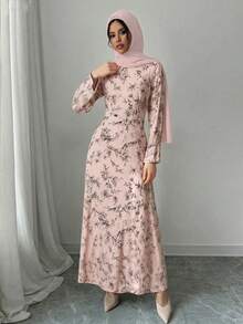 Yellow Ditsy Floral Maxi Dress, Flared Sleeves, Waist Cinched Design, Modest Style, Comes With Headscarf. Casual Arabic Style Muslim Women Clothing Set With Headscarf.