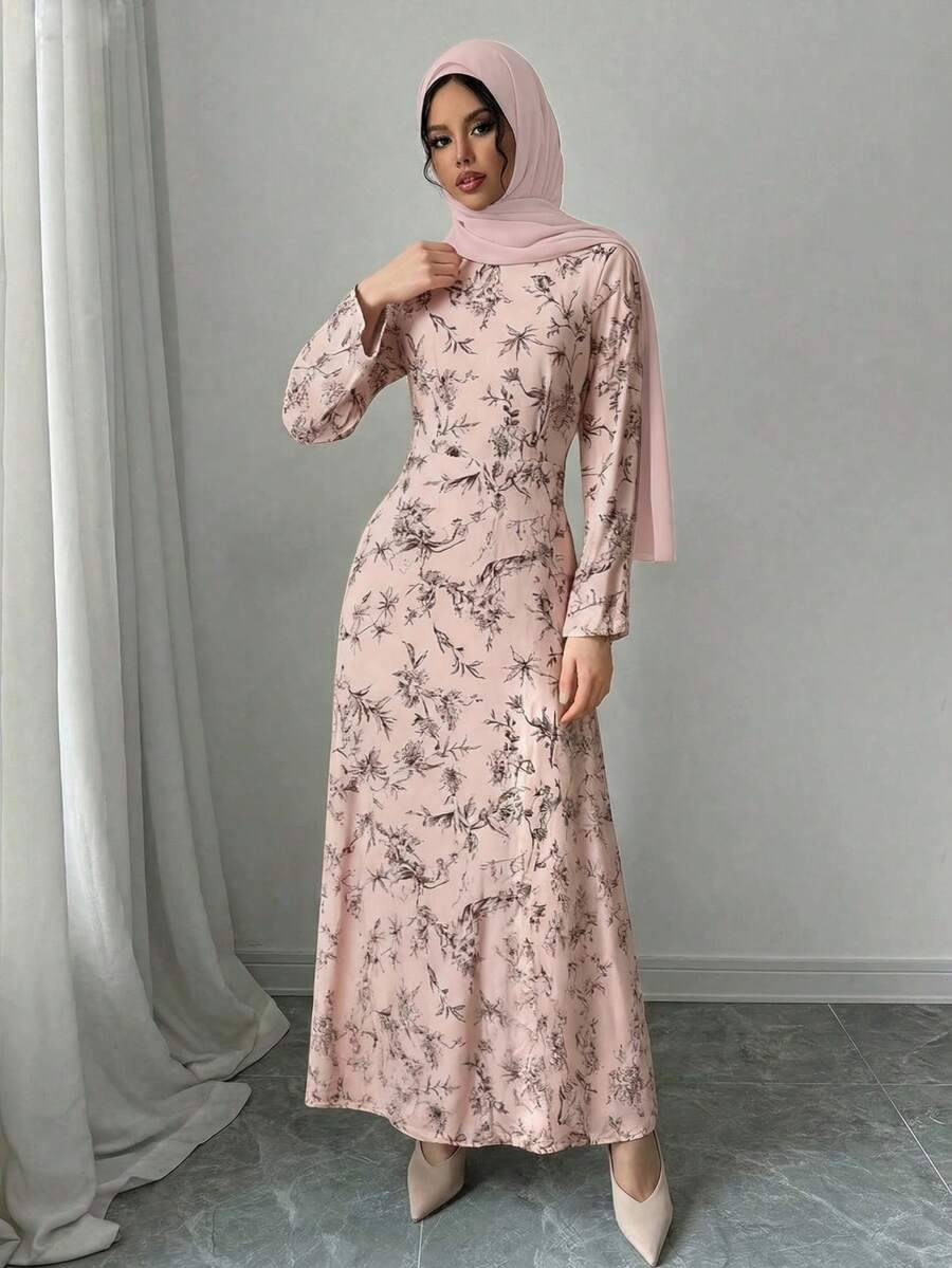 Yellow Ditsy Floral Maxi Dress, Flared Sleeves, Waist Cinched Design, Modest Style, Comes With Headscarf. Casual Arabic Style Muslim Women Clothing Set With Headscarf.