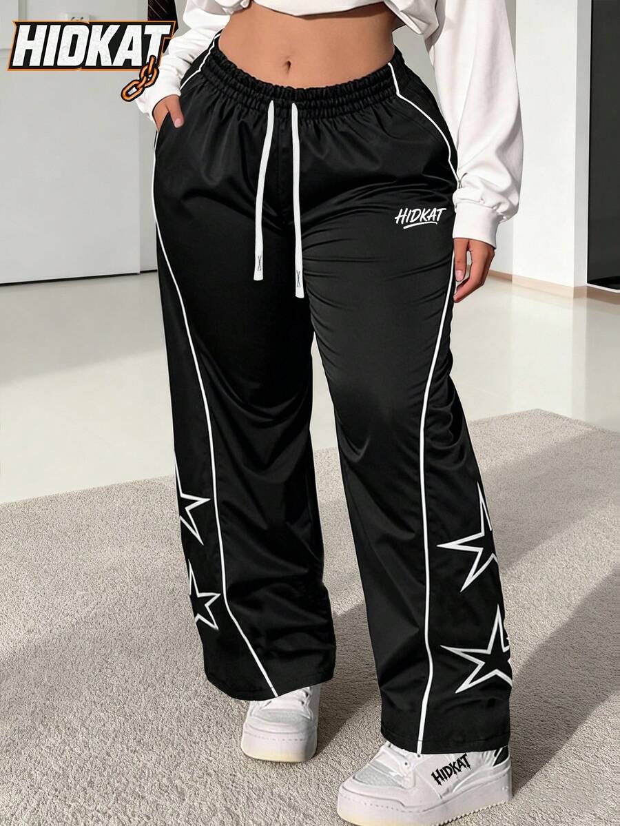 Hidkat Quần ống rộng dáng suông mùa xuân hè cho nữ, họa tiết ngôi sao, kẻ sọc, chữ cái, màu trơn, phong cách đường phố, Y2K, thoải mái, mặc hàng ngày, màu đen.