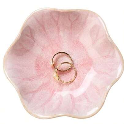 Lotus Shaped Decorative Ring Tray, Small Key Bowl, Ceramic Jewelry Tray, Jewelry Dish, Necklace & Earring Storage Plate, Home Decor, Gift For Mom, Girlfriend, Sister, Pink,Makeup Bag,Travel Essential