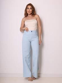 Women's Wide Leg Jeans, High Waist, Butt Lifting Design - Baby Blue - View 2