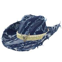Western Style Cowgirl Hat Stylish Bull Decorated Denim Wide Brimmed Cap For Men Women Outdoor Party - 天藍 - 查看 5