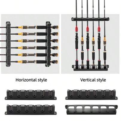 黑色壁挂式鱼竿架，高密度泡沫手柄收纳盒，坚固耐用，最多可容纳6根鱼竿，适用于户外、家庭、车库等场所，多槽设计方便整理，节省空间，适配各种鱼竿，提升钓鱼区域的美观度，鱼竿家居展示和收纳架