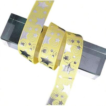2.5cm*5yards Star Grosgrain Ribbon Yellow Glitter Decorative Ribbon For Gift Wrapping Bow Making