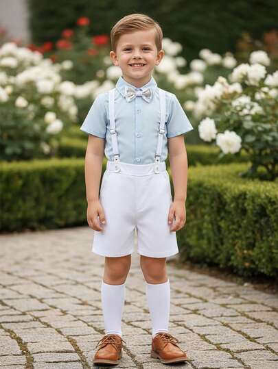 BOARNSEORL 2pcs Young Boys Gentleman Outfit - Blue Short Sleeve Collared Shirt With Bowknot And White Suspender Shorts, Fashionable & Elegant For Birthday Party, Formal Occasion, Wedding