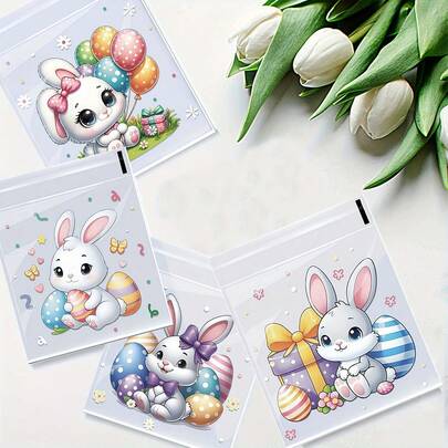 50/100pcs Cute Rabbit Gift Bags - Self-Adhesive, Colorful, Easter And Holiday Party Gift Bags, Printed With Adorable Rabbit Patterns, Plastic Material, Ideal For Celebrations And Decorations, Gift Packaging Supplies