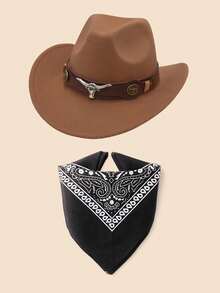 2 Pcs Kids Western Cowboy Costume Set – Classic Rolled Brim Felt Cowboy Hat & Paisley Bandana For Boys Girls (Ages 3-12) - (Cow Head) + Black Square Scarf - View 10