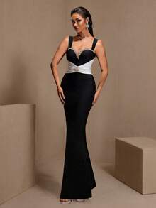 Đầm maxi dệt kim thanh lịch dành cho nữ, điểm xuyết đính đá và tay ngắn, thích hợp cho các sự kiện trang trọng, đám cưới, mùa xuân. - Đen và trắng - Xem 5