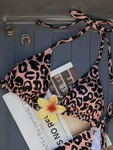 Women's Leopard Print Halter Tie Back Sexy Bikini Set, Beach Vacation Summer - Multicolor - View 4