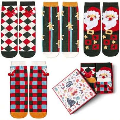 4 Pares Calcetines Navideños con Caja Regalos para Mujer Calcetines Divertidos Algodón Suave y Cómodo Calcetas Deportivas Transpirables Calcetas Antideslizantes para Decoración y Fiestas de Navidad