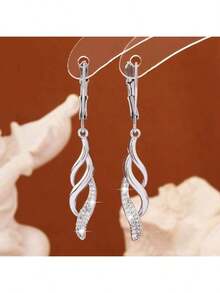 1件套奢华925银镶嵌立方氧化锆羽毛吊坠耳环套装，优雅女士节日、派对、婚礼佩戴之选 - 銀色 - 查看 3