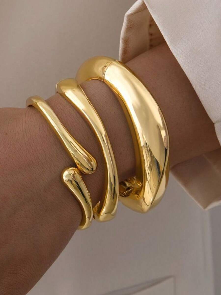 Vòng tay hở không đối xứng bằng kim loại sáng bóng, kiểu dáng cổ điển dày dặn, có thể tự làm và đeo chồng lên nhau, lựa chọn tốt nhất cho Ngày Valentine, các bữa tiệc, họp mặt, quà tặng trang sức. - Vàng - Xem 1