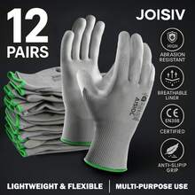 12 双装工作手套 - 13 针无缝针织，带防滑 PU 涂层，聚氨酯浸渍，适用于仓库和园艺，透气轻便，男女通用（黑色、灰色）