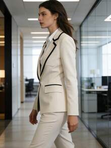 Áo blazer cổ bẻ tay dài phối màu cổ điển thanh lịch thường ngày phù hợp đi làm, đi nghỉ mát, công sở, chuyên nghiệp, áo khoác mùa xuân màu trắng - trắng - Xem 3