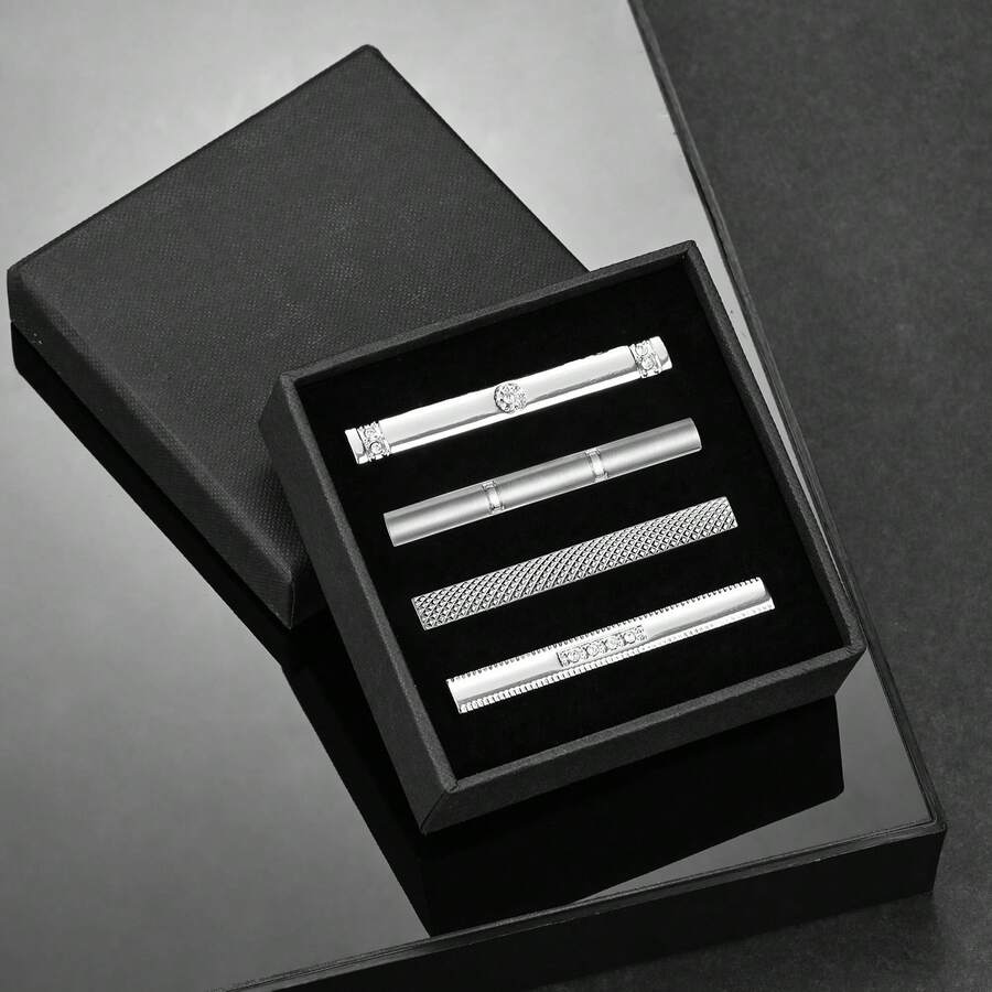 Men's 4Pcs Tie Clip Set With Black Gift Box, Silver Necktie Clips, Tie Bars, Formal Business Suit Accessories For Men, Wedding Gift - Silver - View 1