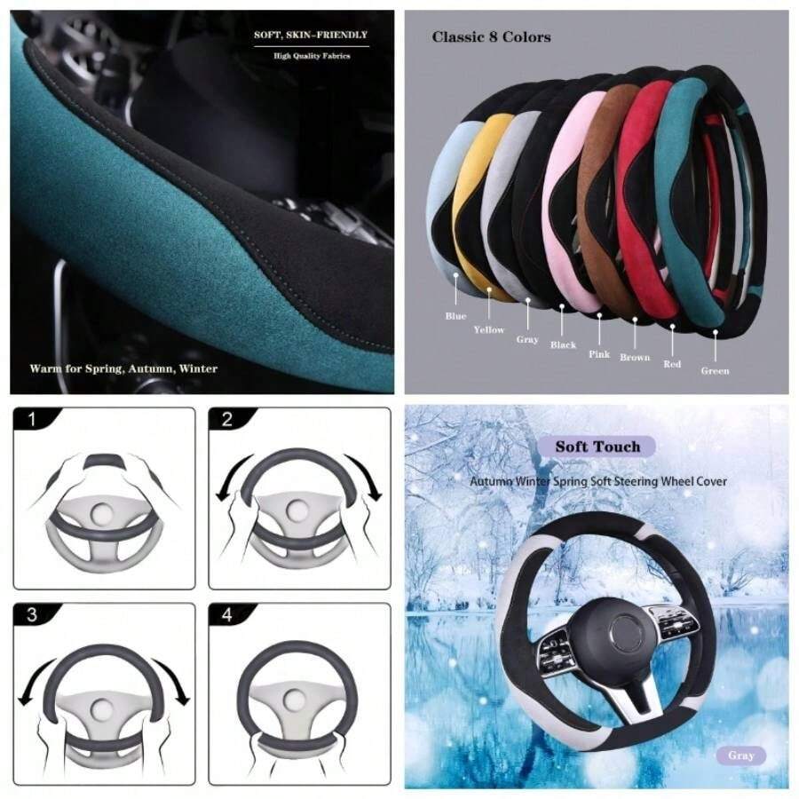 Soft D Shape Steering Wheel Cover, Warm Steering Wheel Cover Fashion Universal 15 Inch, Pink - D 形狀 + D 灰 - 查看 1