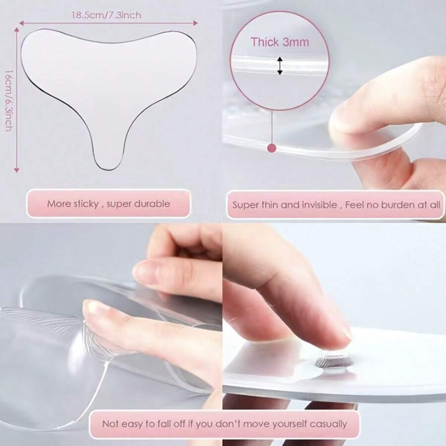 可重复使用的硅胶T型提拉胸垫，透明胸贴，美容工具，用于减少皱纹和紧致肌肤。透明、易用、光滑、浅米色质地，高度贴合身体。
