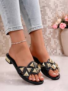 2026 Fashion Comfortable Lightweight Wide Strap Gold Trapezoid Decor Faux Leather Toe Cap Gold Rhinestone Decor Heel Inlaid Women High Heel Sandals - Black - View 3