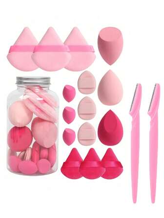 Set de 17 piezas de esponjas de maquillaje con caja de almacenamiento, incluye 3 esponjas de maquillaje grandes, 3 esponjas de maquillaje mini, 3 borlas de polvo grandes, 3 borlas de polvo mini, 3 borlas de polvo para la punta de los dedos mini y 2 navajas para cejas. Adecuado para maquillaje, asequible, decoración de habitación, tocador, viaje, dormitorio, accesorios de maquillaje, borlas de polvo, esponja de maquillaje, esponjas de maquillaje, asequible, regalo de Navidad, cosméticos, herramientas de maquillaje, artículos esenciales baratos, regalo, regalo para mujeres, regalo de Navidad.