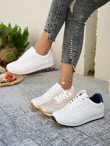 planare Women's Fashionable Casual Sports Style Round Toe Beige Lace-Up Slip-On Lightweight & Comfortable Sneakers, Suitable For Daily Commute Matching, Solid Color Design For All Seasons - Beige - View 7