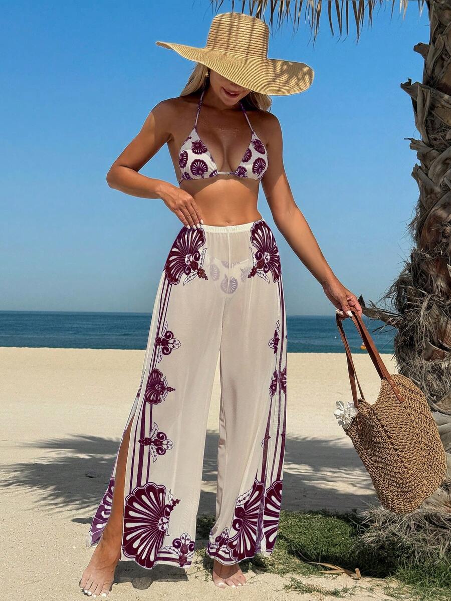 Bộ bikini 3 món dành cho nữ, kiểu buộc dây cổ sau, kèm quần lưới in họa tiết, phong cách Bohemian với họa tiết hoa. - Nhiều màu - Xem 1