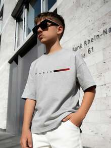 男童休闲印花藏蓝色圆领短袖T恤，夏季上衣 - 淺灰色 - 查看 7