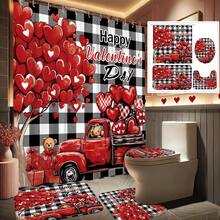 1/4pcs Happy Valentines Day Decoration Shower Curtain Set Heart Love Truck Buffalo Plaid Romantic Red White Black Shower Curtain Washable For Bathroom Shower Ornament Gift Home With 12 Hooks Non-Slip Bath Mat U-Shape Toilet Lid Cover Mat - Multicolor - View 1