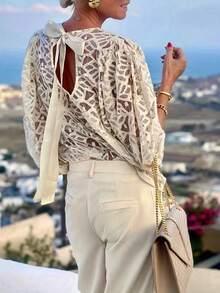 Women's Fashion Lace Hollow-Out Design Backless Tie Blouse, Elegant & Sexy, Suitable For Vacation, Commute, And Evening Dates Spring - Apricot - View 3