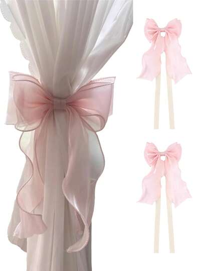 2pcs Pink Silk Bow Curtain Tie Backs, French Soft Lace Satin Ribbon Tie Backs, Elegant Decorative Bow Curtain Ropes, Suitable For Curtains, Weddings, Nursery, Birthday Parties, Baby Rooms