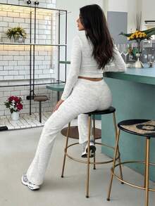Women's Fashion Cropped Long Sleeve Top And Tie-Waist Flare Pants Sporty Set, Spring - White Grey - View 2