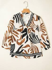 Acelitt Women's Brown Vintage Abstract Print Puff Sleeve Loose V-Neck Top, Spring Vacation - Multicolor - View 3
