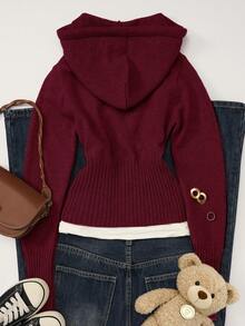 Women's Casual Cute Short Zip-Up Hooded Fitted Knit Cardigan Top, Drawstring Long Sleeve Everyday Commute Versatile Knit Jacket, Autumn/Winter Streetwear Y2K Style, Christmas/Thanksgiving/New Year Gift - Burgundy - View 5