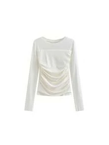 女士网眼长袖T恤，秋季款，独特设计，褶皱修身短款上衣 - 白色 - 查看 6