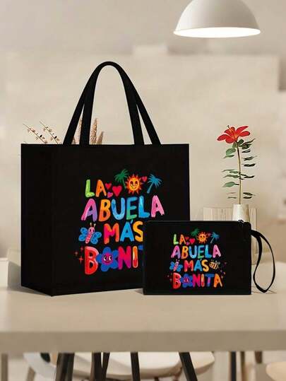 [2pcs Elegant Cartoon Tote Set] Chic Spanish-Inspired 2pcs Tote & Makeup Bag Set - Elegant Cartoon Print, Lightweight Burlap Shopping & Travel Bags With Fixed Shoulder Straps