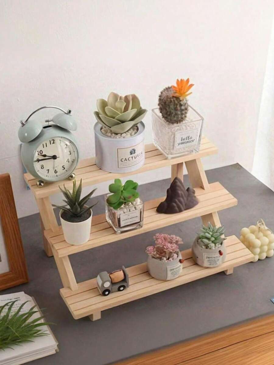 1pc Jewelry Display Rack, Multi-Tier Wooden Desktop Storage Organizer, Versatile Plant Flower Shelf, Wooden Step Shelf, Jewelry Display Stand, Trinket Holder - Beige - View 1