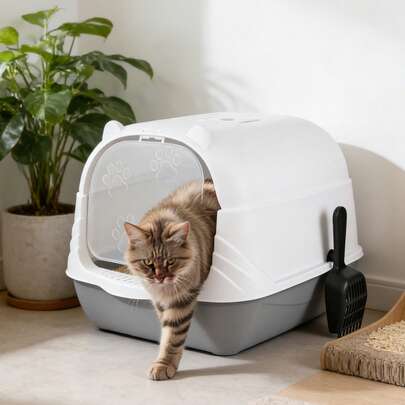 Huini Cat Litter Box, Litter Tray Hooded Dark Grey Toilet Charcoal Filter Extra Deep Anti-Spillage Kittens Cats Enclosed Box Pan Loo Filter Flap Door Detachable Rim Rounded Corners