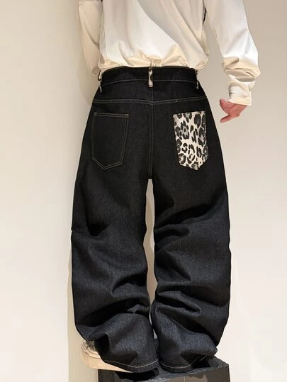 1pc Justice Brother Korean Style Personalized Street Leopard Print Patchwork Black Denim Jeans, Loose Wide Leg Pants, Fashionable Versatile Trousers (Belt And Accessories Not Included)