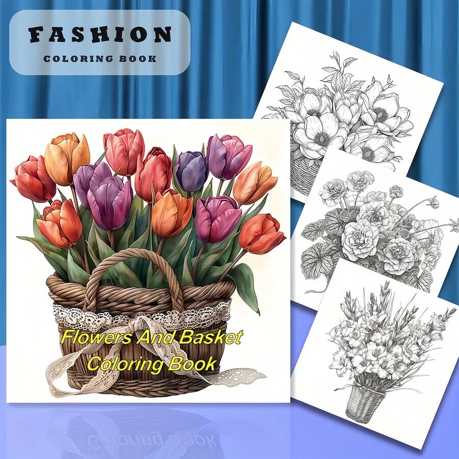 Flowers And Basket Coloring Book For Adults, 20x20cm Square Floral Painting Book, Stress Relief & Anxiety Relaxing Basket Bouquet Grayscale Coloring Pages For Beginners Art Supplies - Multicolor - View 1