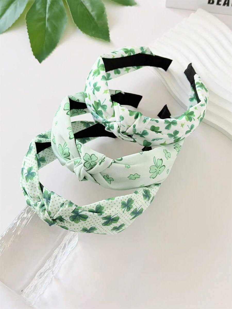 3件套女士甜美波西米亚风打结宽发箍，三叶草绿元素设计，简约百搭高冠防滑洗脸发箍发饰，适合摄影、日常时尚、圣帕特里克节、节日派对等场合，波西米亚优雅派对装饰头饰