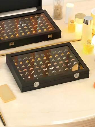 100pcs Ring Jewelry Box With Transparent Glass Cover, Jewelry Display Dust-Proof Box, Ring Box, Wedding Ring Box For Wedding Day, Ring Stand, Earring Jewelry Tray, Minimalist Velvet Ring Box, Jewelry Box, Earring Jewelry Storage Box, Velvet T-Shape Display Stand, Jewelry Tray