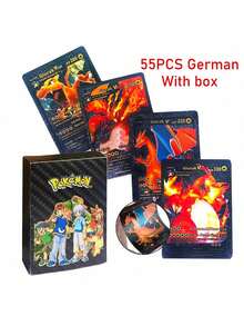 pokemon 55张宝可梦动漫人物卡牌，VSTAR GX EX VMAX 黑/银/金箔宝可梦卡牌，英文/法文/德文/西班牙文动漫游戏卡牌，创意桌面游戏卡组，适合收藏