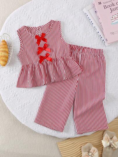 2件套女童休闲蝴蝶结条纹无袖上衣和阔腿七分裤套装，夏季