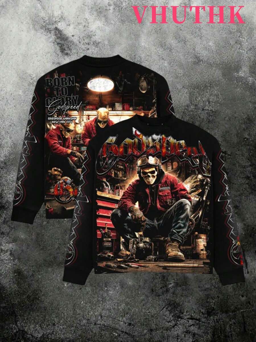 VHUTHK (250g Pure Polyester Round Neck Pullover Sweater) <GODSPEED: Born To Glory> Double Sided Digital Printing, Filament Effect  Y2K Men's Round Neck Sweater In Autumn And Winter. - 黑色 - 查看 1