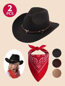 Bộ trang phục cao bồi miền Tây cho trẻ em gồm 2 món - Mũ cao bồi và khăn bandana, phù hợp cho bé trai và bé gái từ 3-12 tuổi, mũ nỉ mềm vành cuộn cổ điển, thích hợp cho lễ Halloween, tiệc rodeo, hóa trang cao bồi. - (Đầu bò nhỏ) + khăn vuông màu đỏ - Xem 1